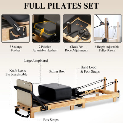 Pilates Reformer Machine, Wood Pilates Machine Bed Yoga Exercise Strength Training Equipment for Home Workout