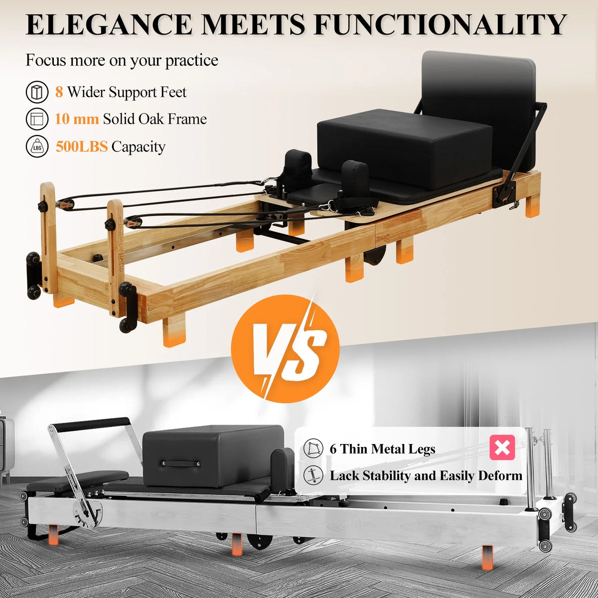 Pilates Reformer Machine, Wood Pilates Machine Bed Yoga Exercise Strength Training Equipment for Home Workout