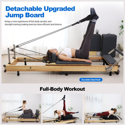 Foldable Pilates Reformer Machine - Studio-Grade Oak Wood Pilates Machine Bed Yoga Exercise Strength Training Equipment for Home Gym Workout (Gray)
