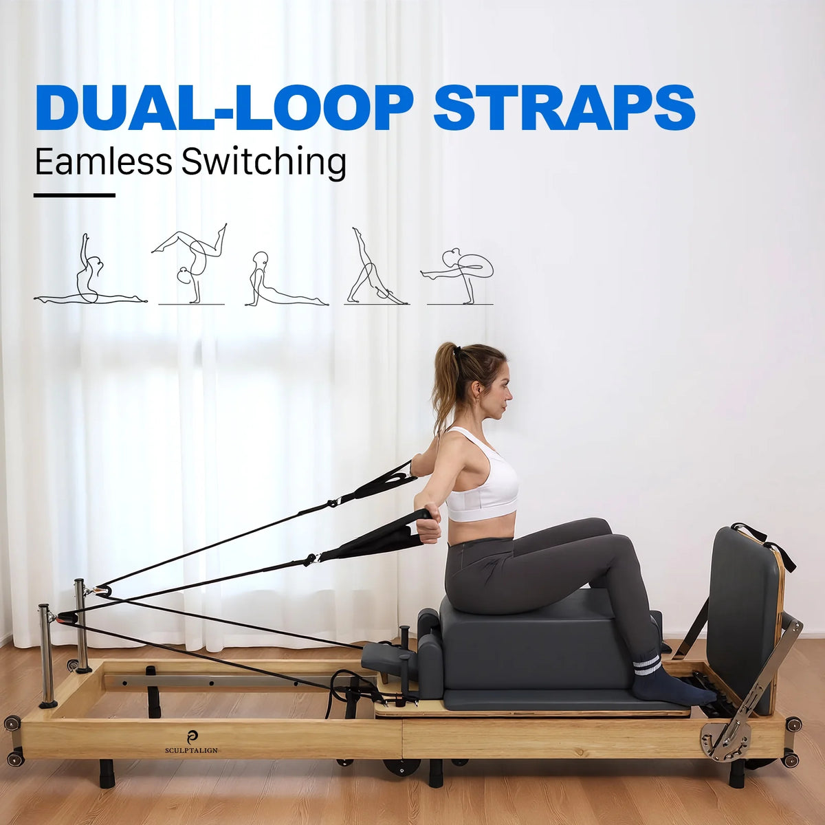 Foldable Pilates Reformer Machine - Studio-Grade Oak Wood Pilates Machine Bed Yoga Exercise Strength Training Equipment for Home Gym Workout (Gray)