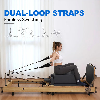 Foldable Pilates Reformer Machine - Studio-Grade Oak Wood Pilates Machine Bed Yoga Exercise Strength Training Equipment for Home Gym Workout (Gray)