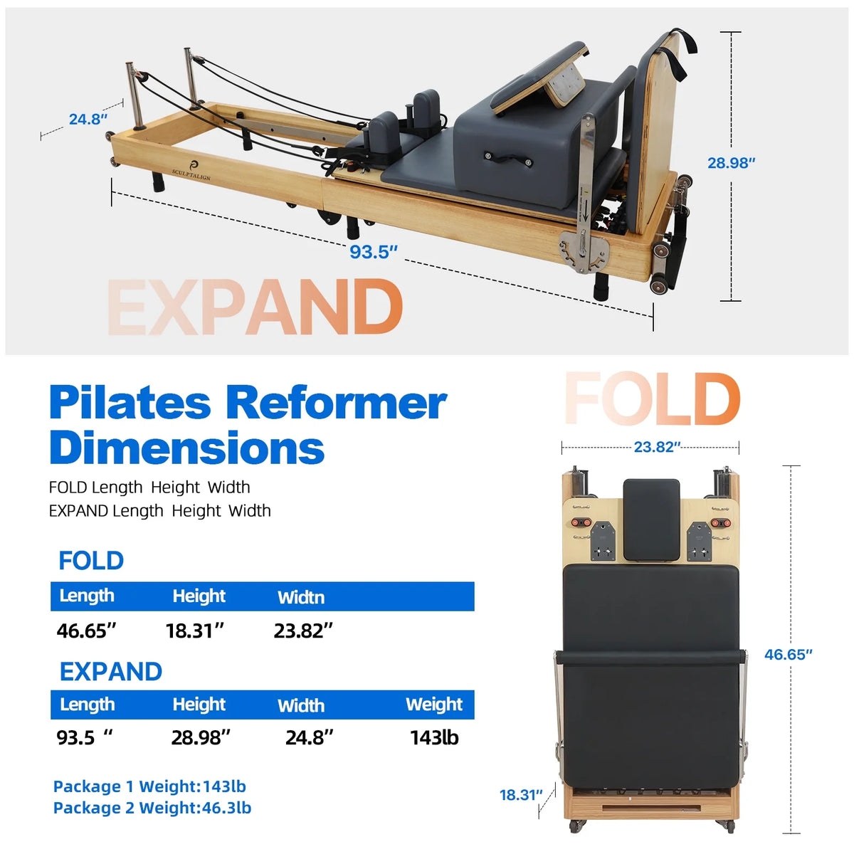 Foldable Pilates Reformer Machine - Studio-Grade Oak Wood Pilates Machine Bed Yoga Exercise Strength Training Equipment for Home Gym Workout (Gray)