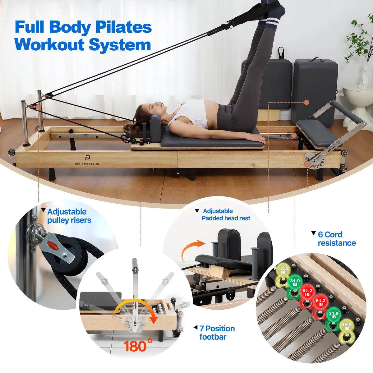 Foldable Pilates Reformer Machine - Studio-Grade Oak Wood Pilates Machine Bed Yoga Exercise Strength Training Equipment for Home Gym Workout (Gray)